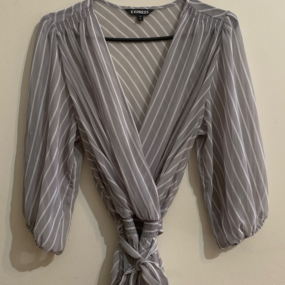 Express Light Gray Striped Wrap Top - Picture 1 of 11